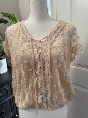 gimmicks by BKE Lace-Embroidered V-Neck Blouse in Beige
